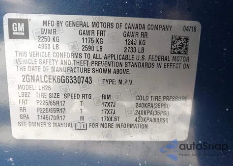 2016 Chevrolet Equinox Lt z USA, uszkodzony, nr VIN 2GNALCEK6G6330743